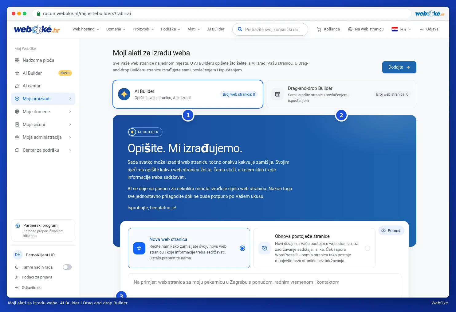 Moji alati za izradu weba s karticama AI Builder i Drag-and-drop Builder