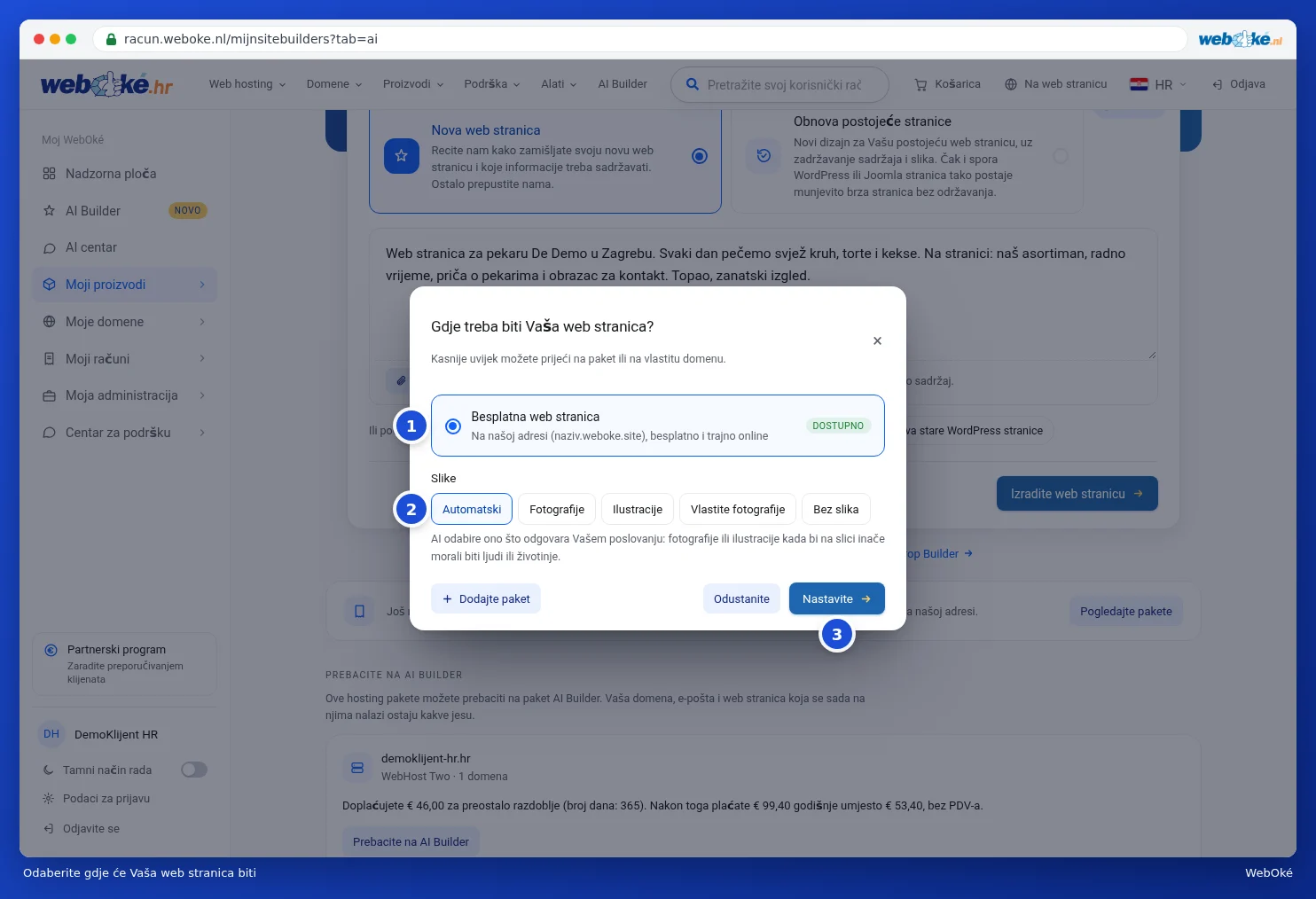 Prozor Gdje treba biti Vaša web stranica s odabirom Besplatna web stranica