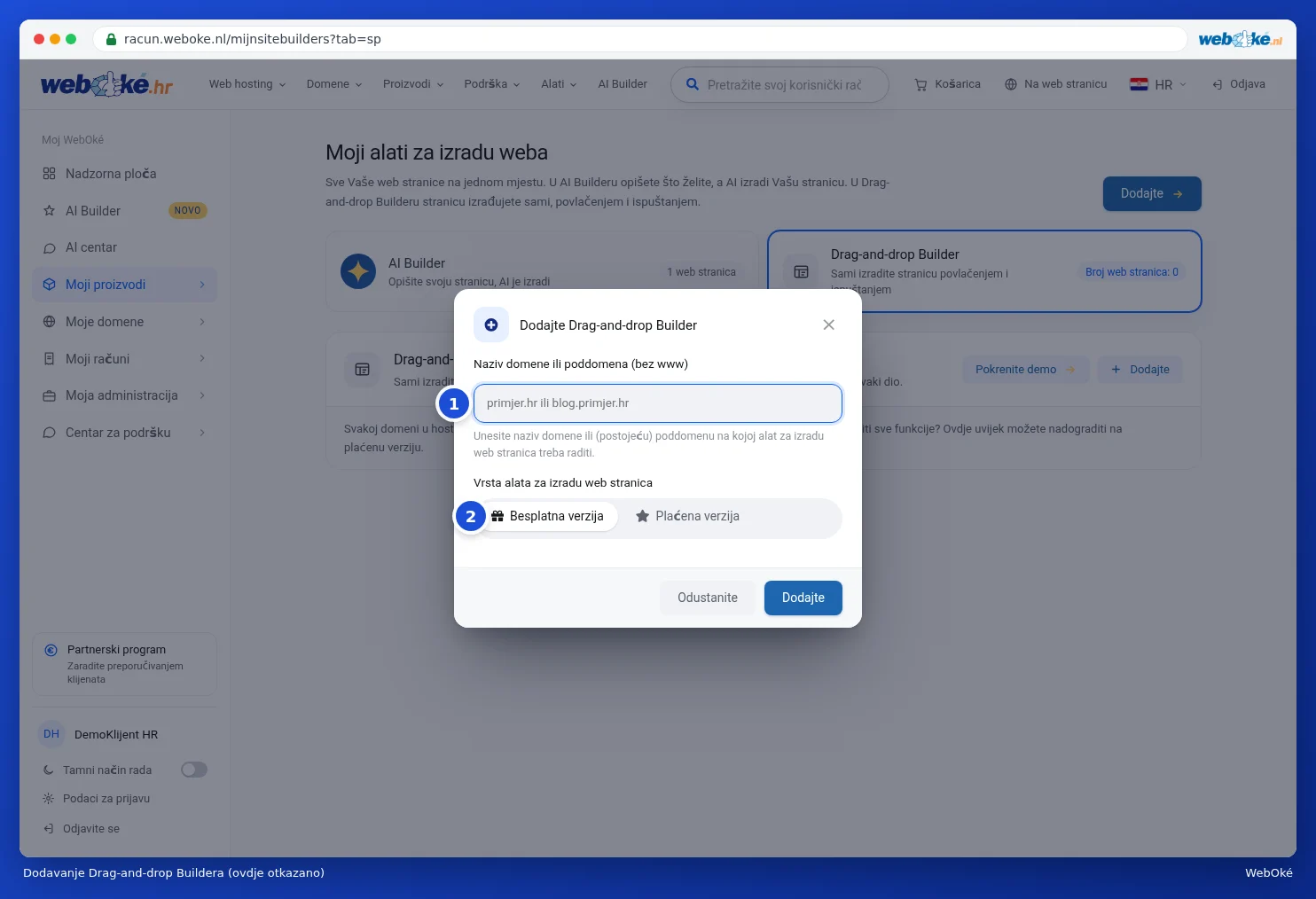 Prozor Dodajte Drag-and-drop Builder s poljem za naziv domene