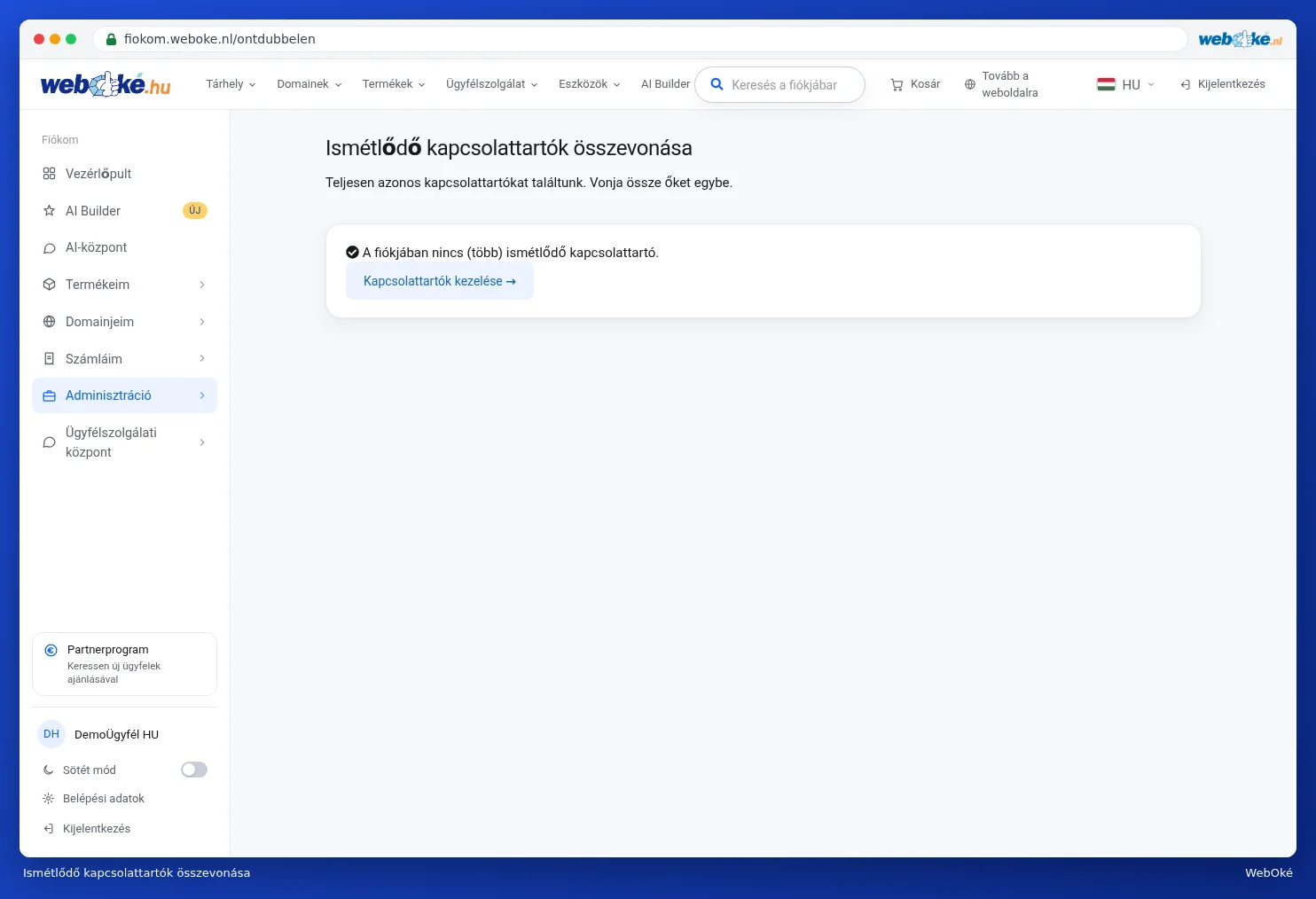 A Duplikált kapcsolattartók összevonása oldal duplikált kapcsolattartók nélkül