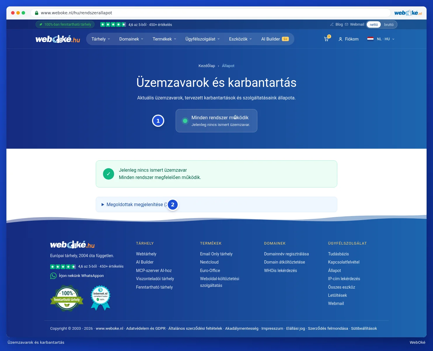Az Üzemzavarok és karbantartás állapotoldal a Minden rendszer működik bejelentéssel és a Megoldottak megjelenítése gombbal