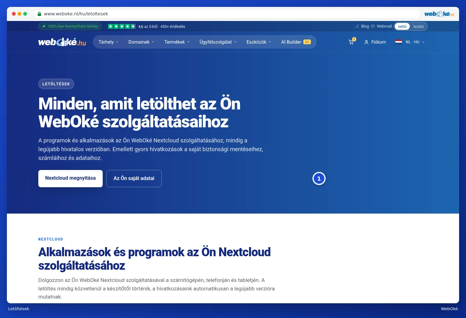 A Letöltések oldal felső része a Nextcloud megnyitása és a Saját adatok gombokkal