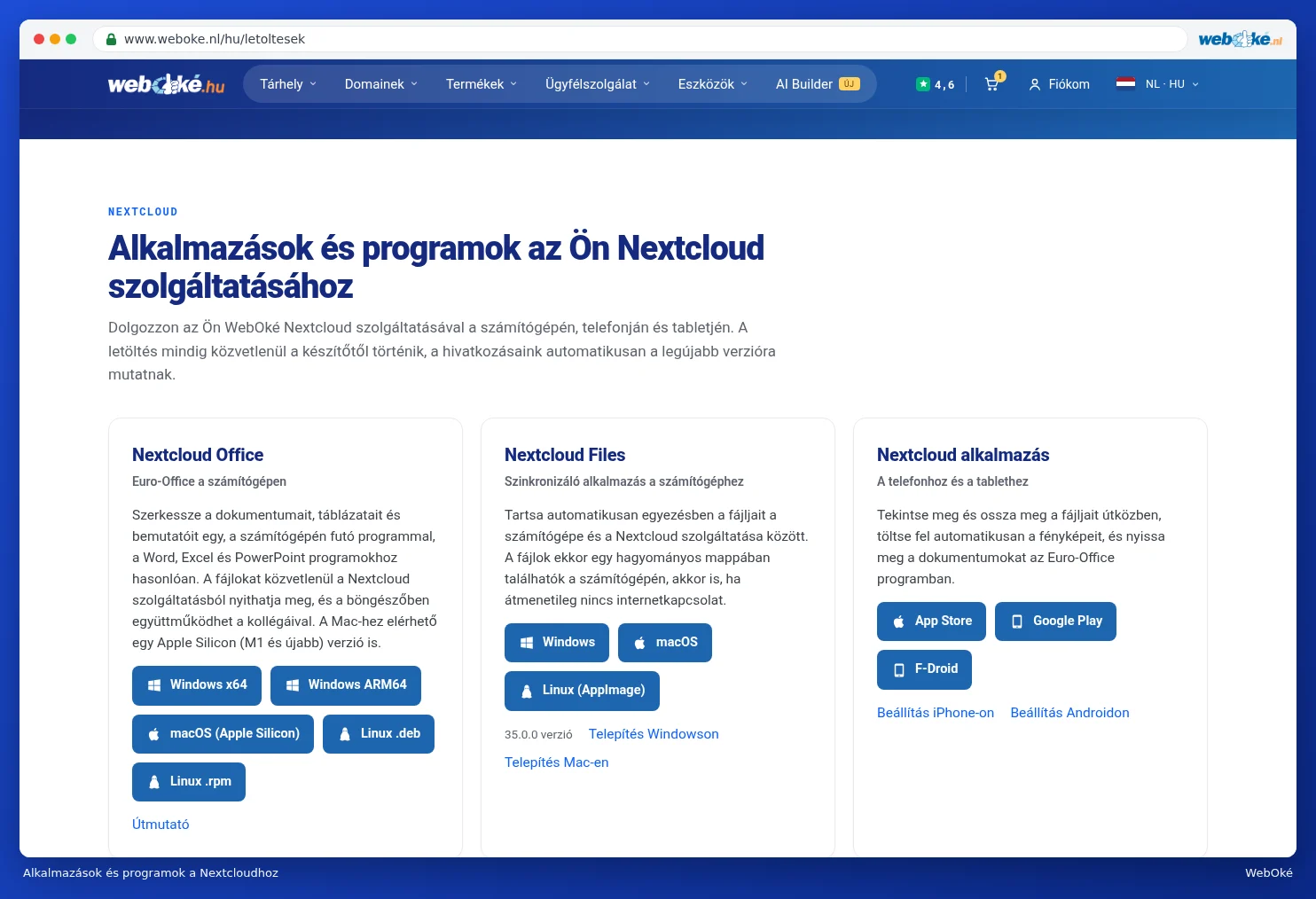 A Nextcloudhoz tartozó alkalmazásokat és programokat bemutató kártyák a rendszerenkénti letöltőgombokkal
