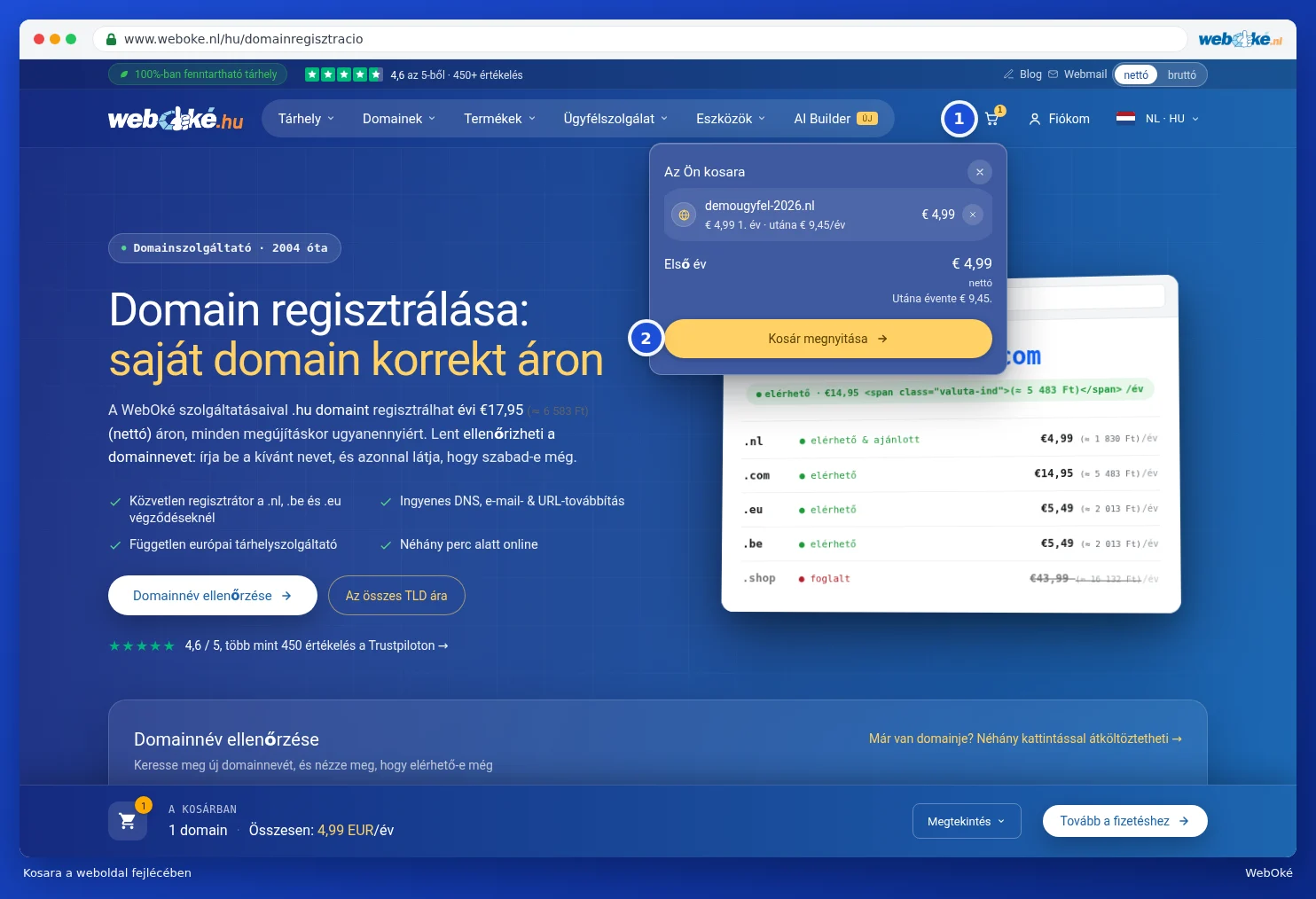 A kosár összesítése a webhely fejlécében