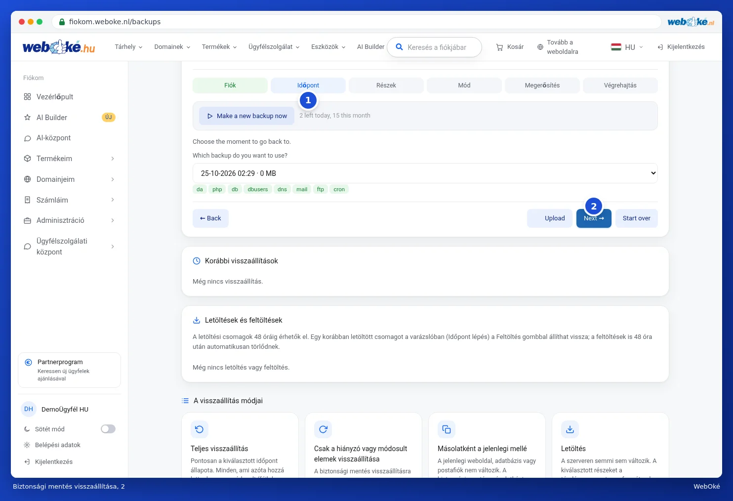 Az Időpont lépés a Nu nieuwe backup maken gombbal