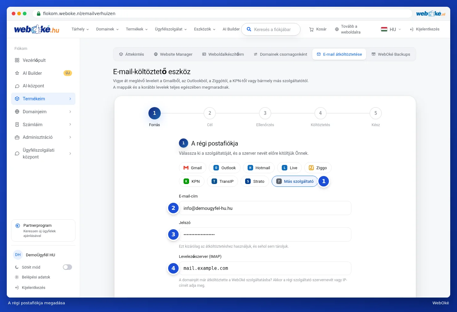 Az első lépés kitöltve egy példával: Más szolgáltató, e-mail-cím, jelszó és levelezőszerver