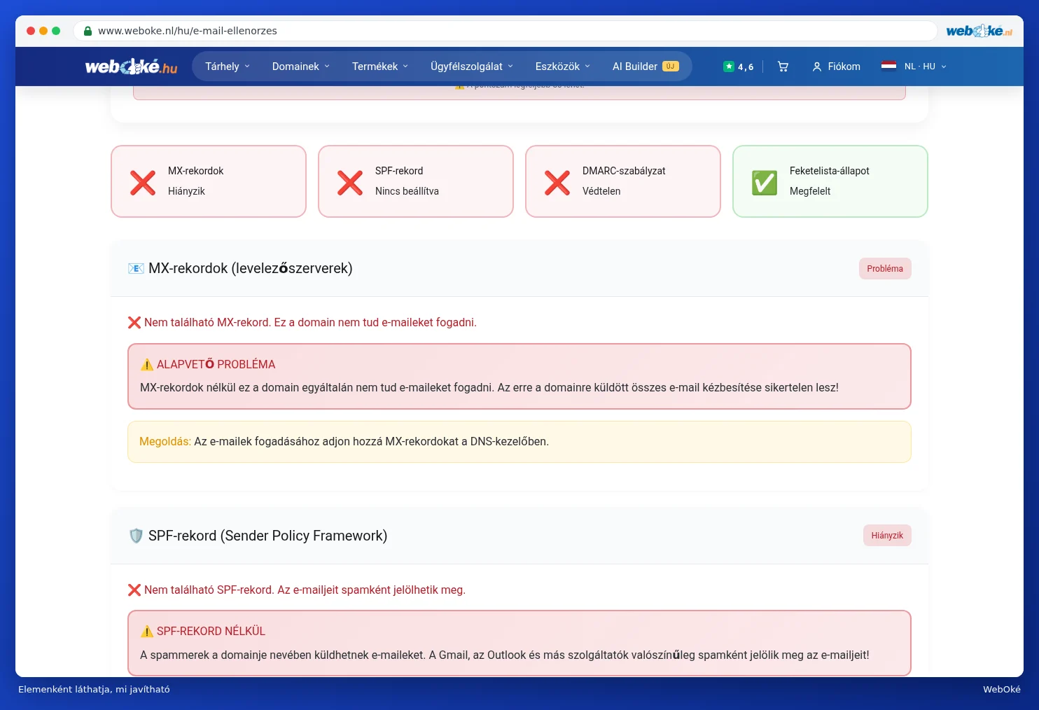 Az MX Records, SPF Record, DMARC Policy és Blacklist Status elemek