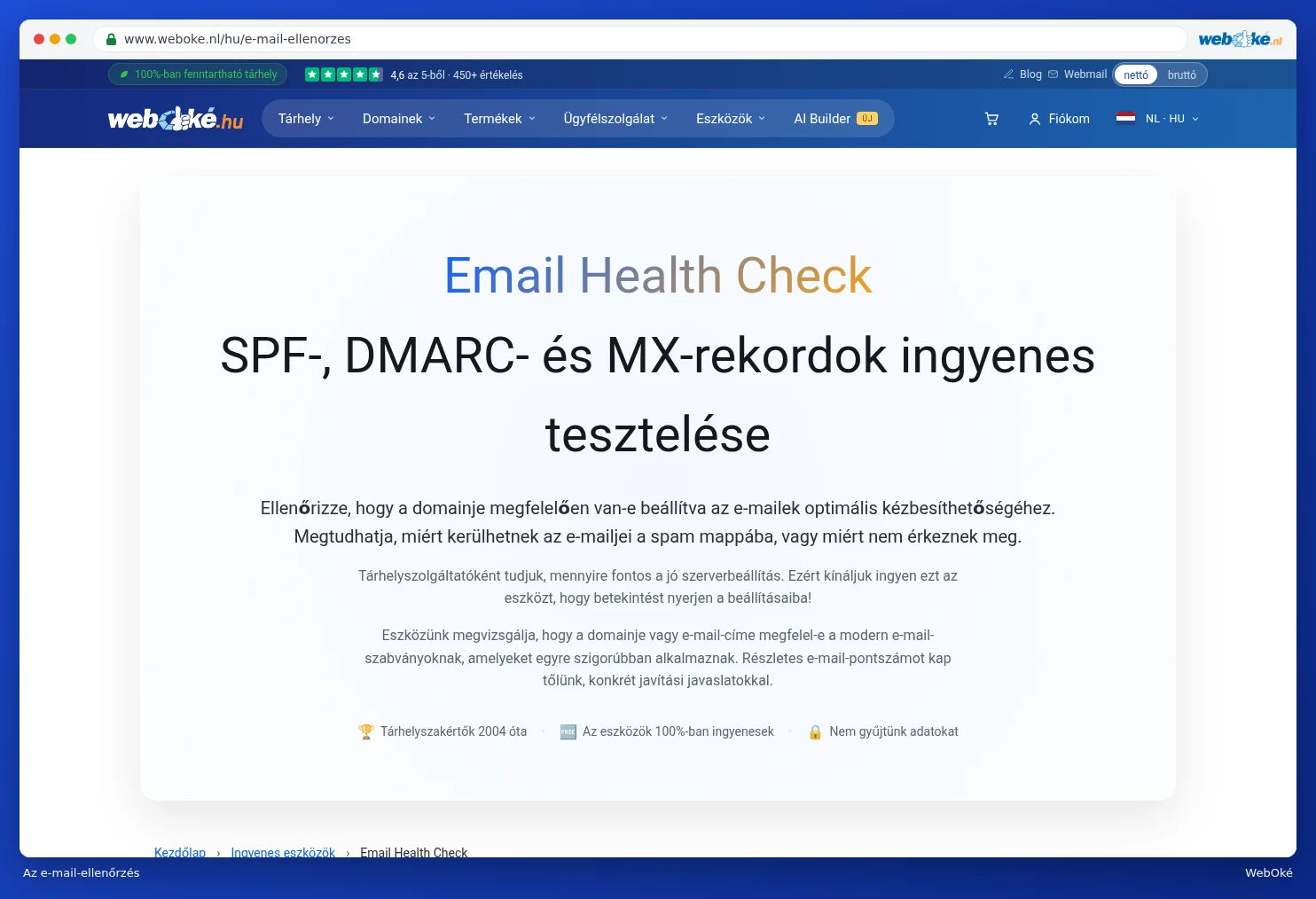 Az e-mail ellenőrző a weboldalon a beviteli mezővel