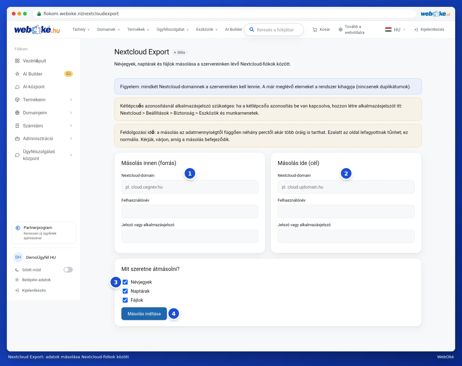 A Nextcloud Export oldal a forrás és a cél mezőivel