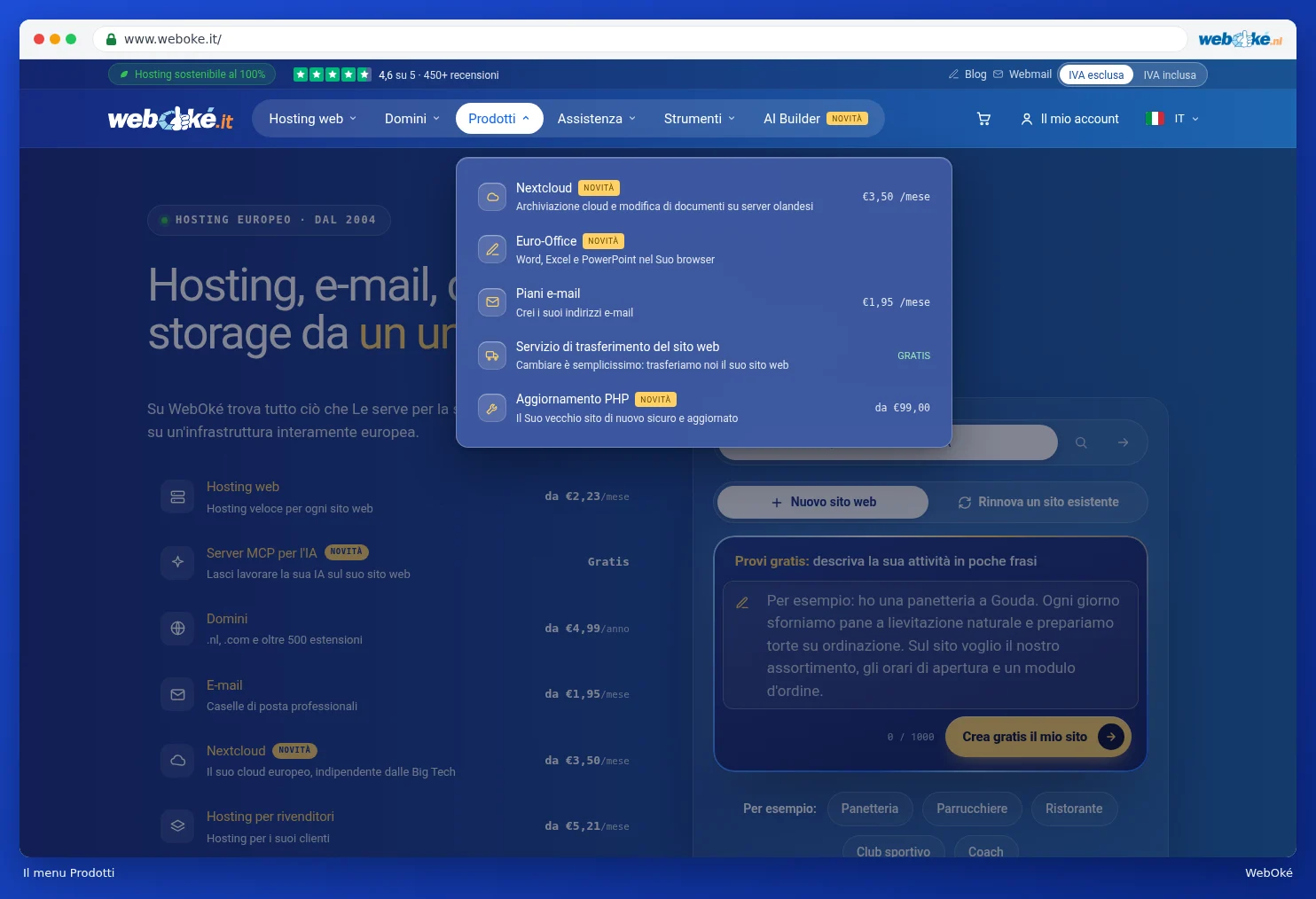 Il menu Prodotti aperto