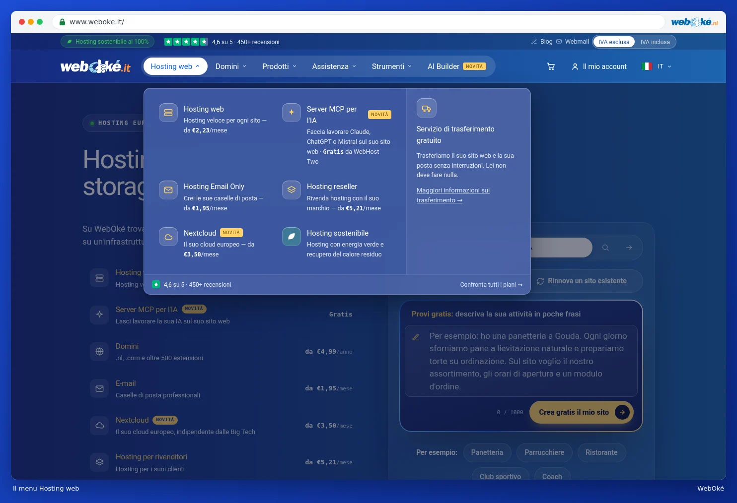 Il menu Hosting web espanso