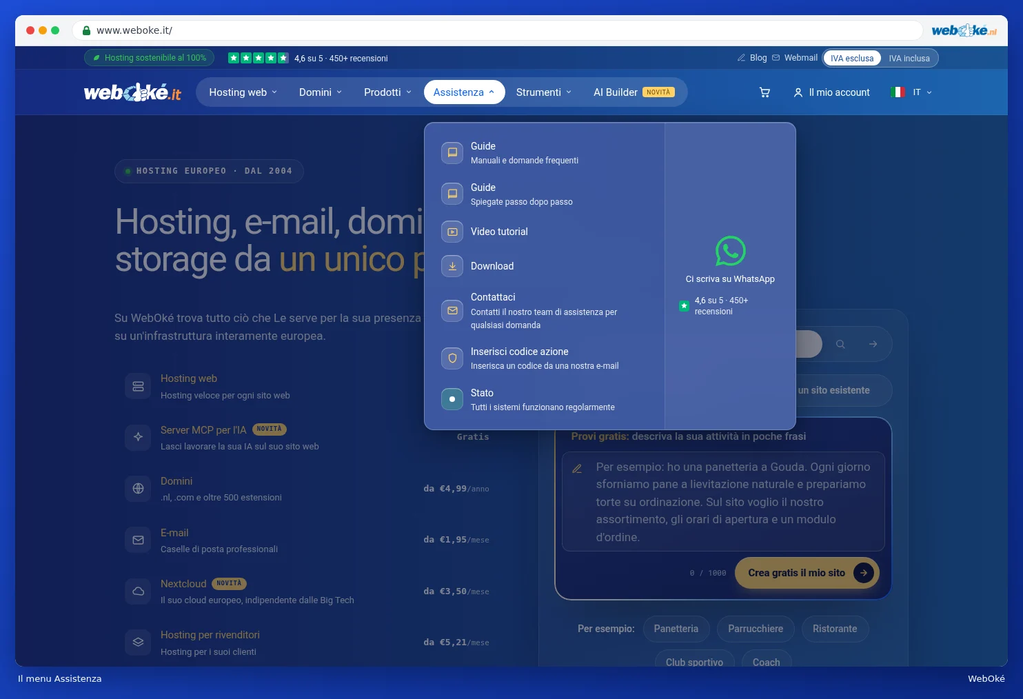 Il menu Assistenza aperto