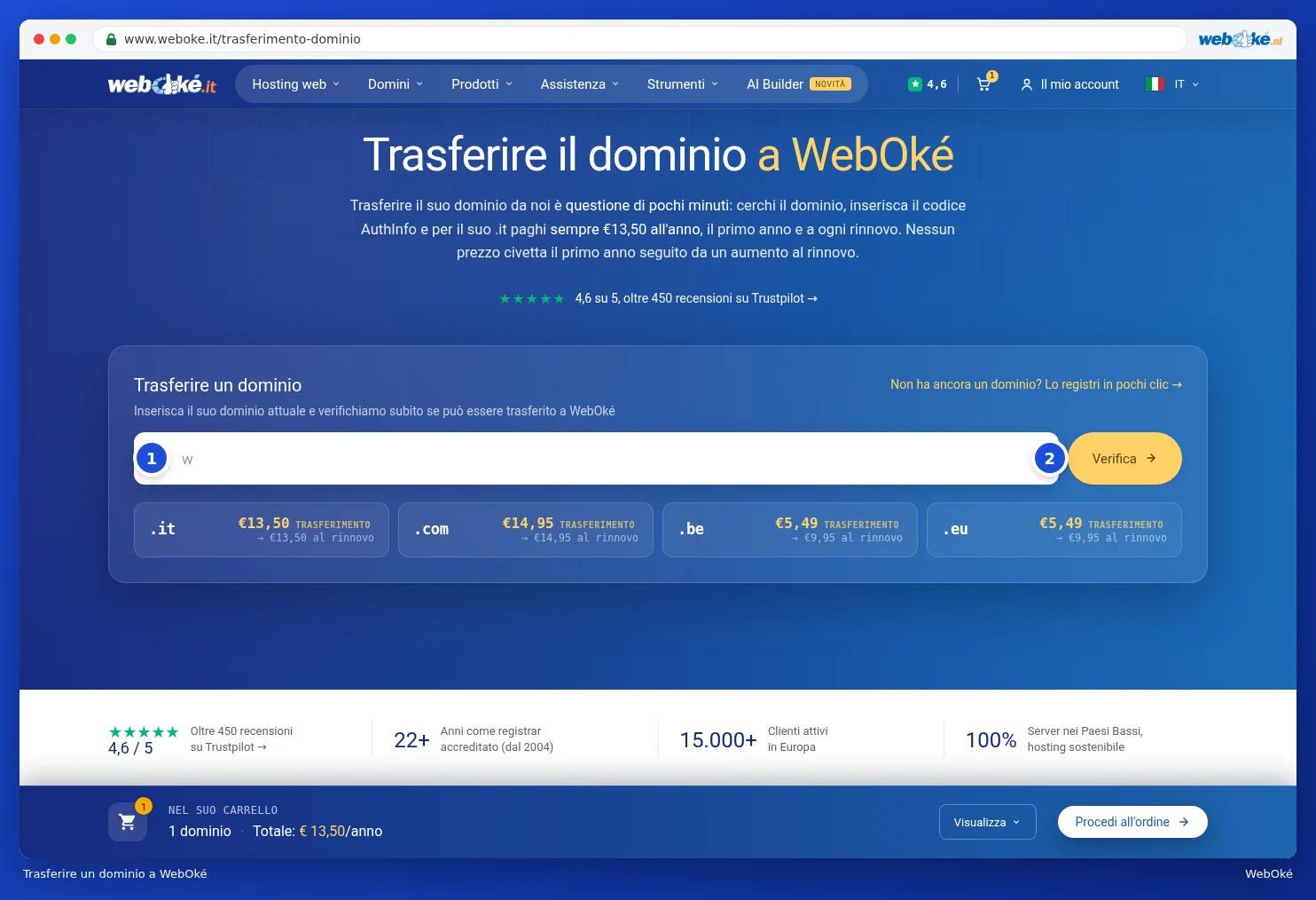 La pagina Trasferisci un dominio