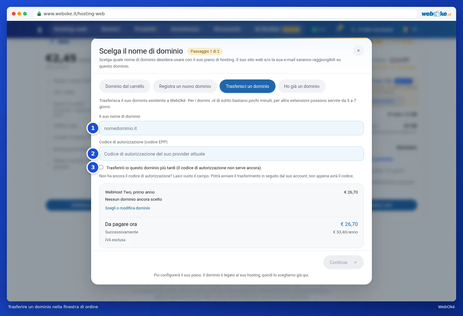 Trasferimento di un dominio nel popup d’ordine