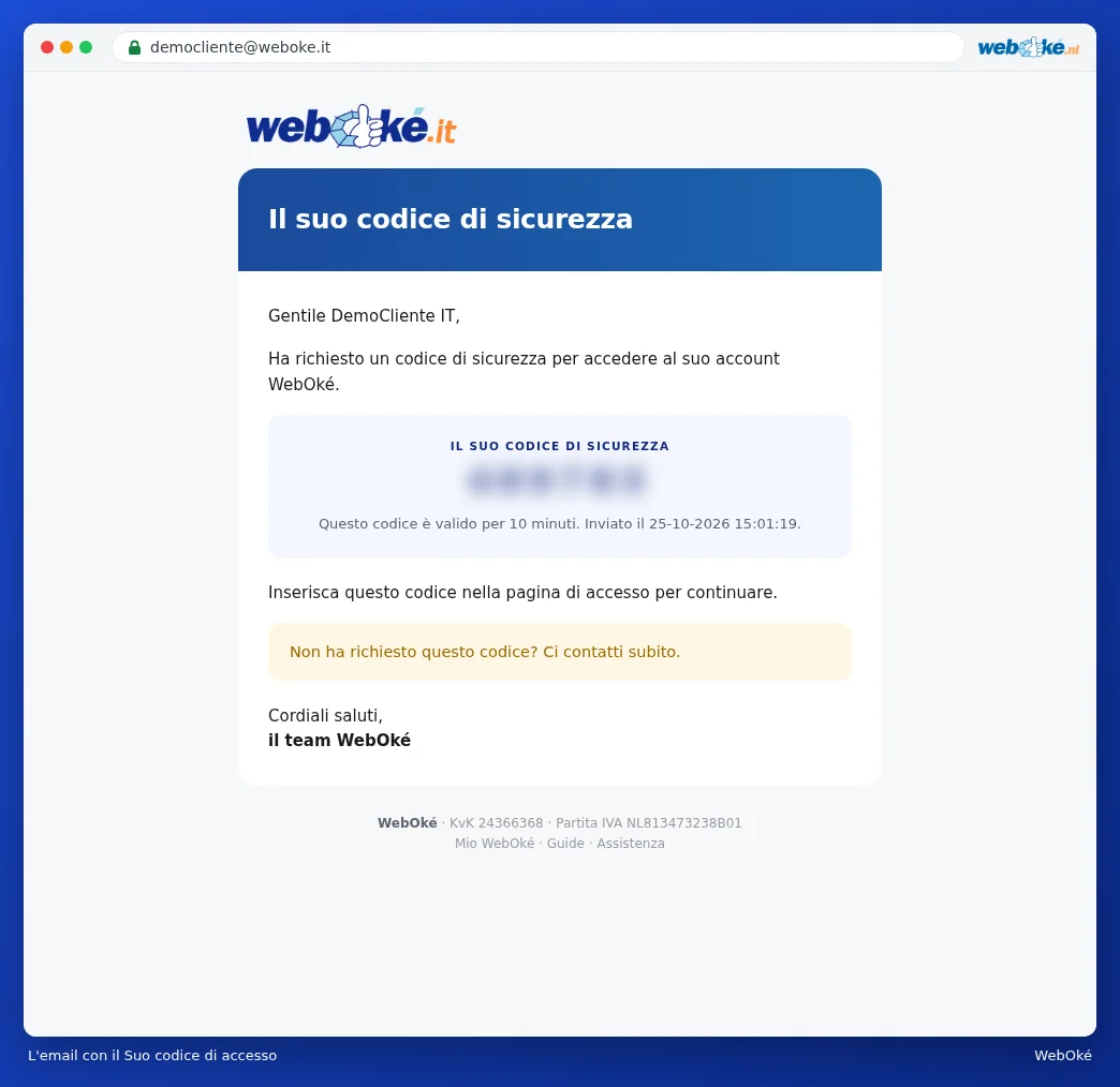 L'e-mail Il suo codice di sicurezza con il codice di 6 cifre