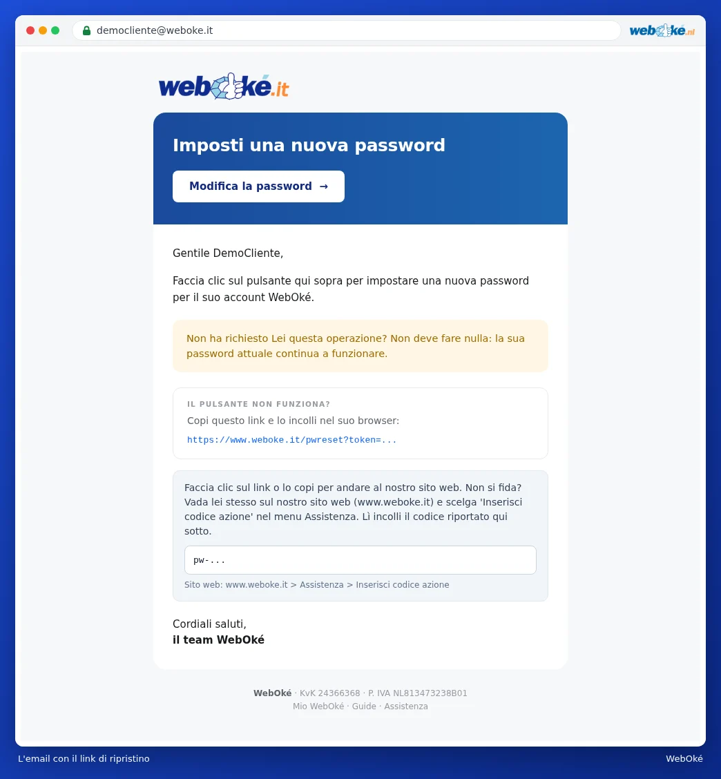 L'e-mail Imposta una nuova password con il pulsante Modifica la tua password