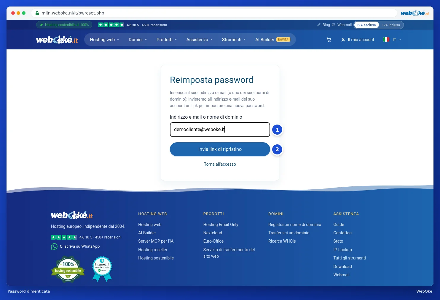 La schermata Reimposta password con il campo Indirizzo e-mail o nome di dominio