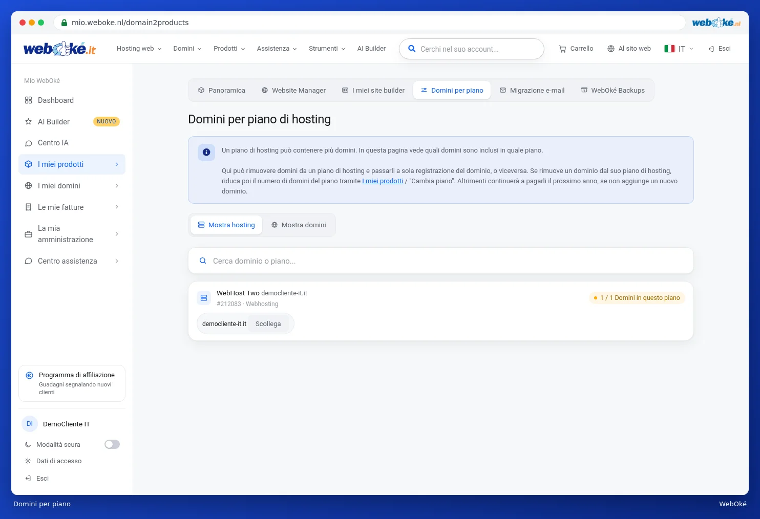 La schermata Domini per piano hosting con un pacchetto e il suo dominio