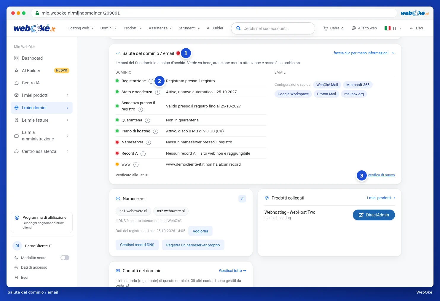 La scheda Salute del dominio / email con i controlli e i puntini colorati