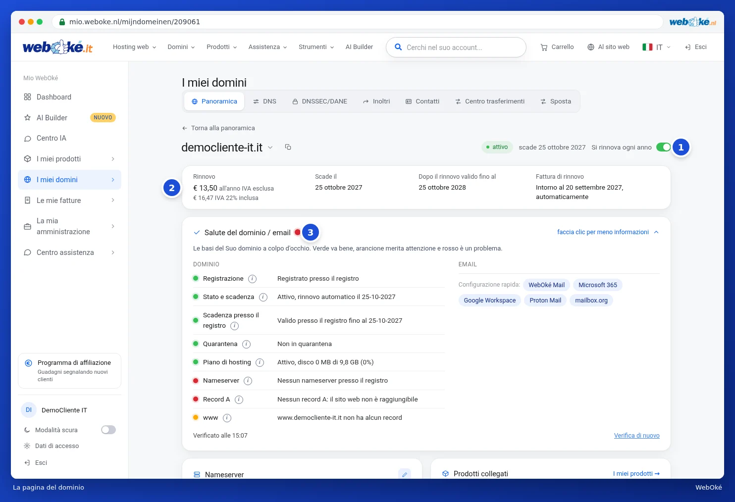 La parte superiore della pagina del dominio con il rinnovo e Salute Dominio / Email