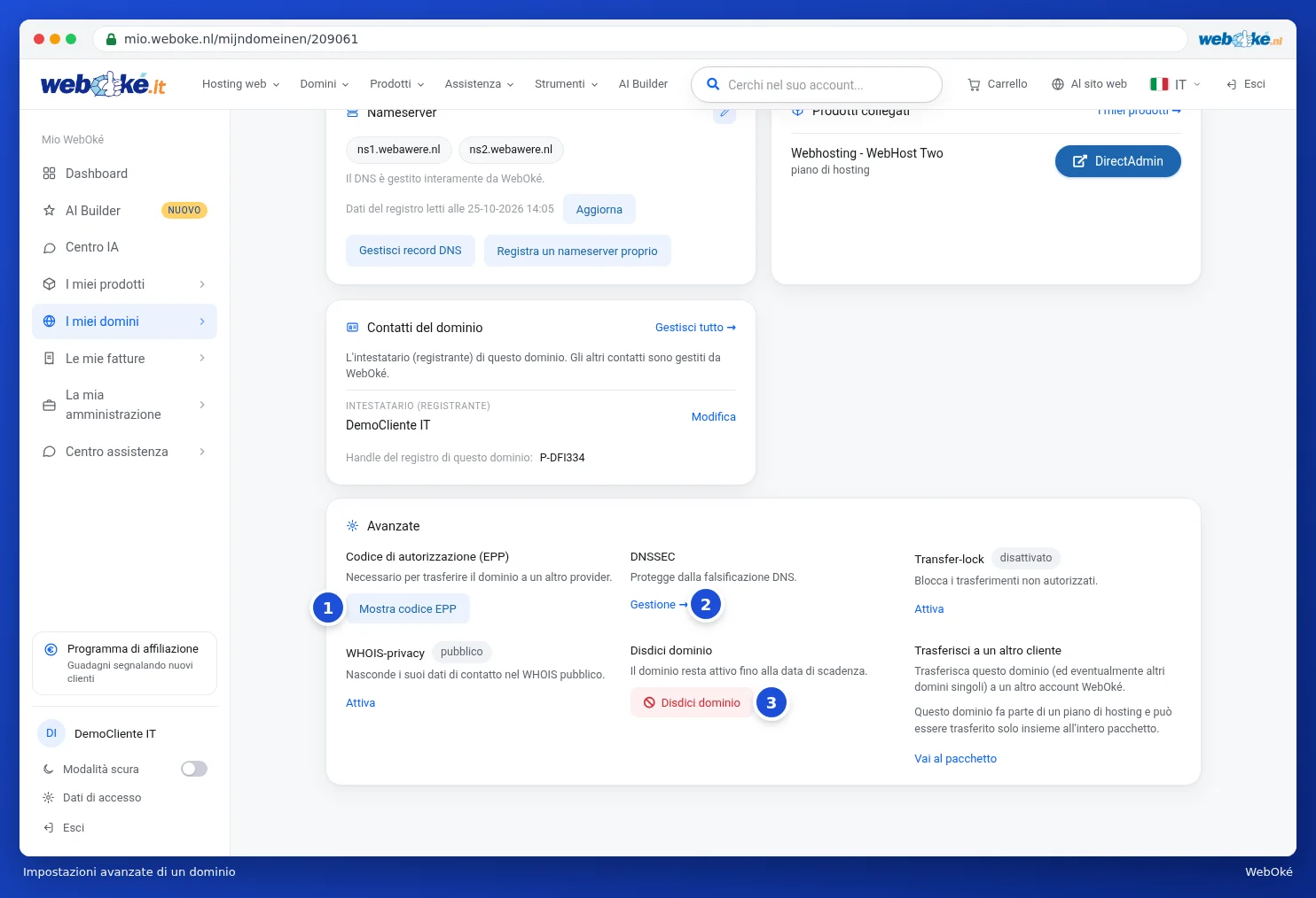 La scheda Funzioni avanzate con, tra l'altro, la privacy WHOIS