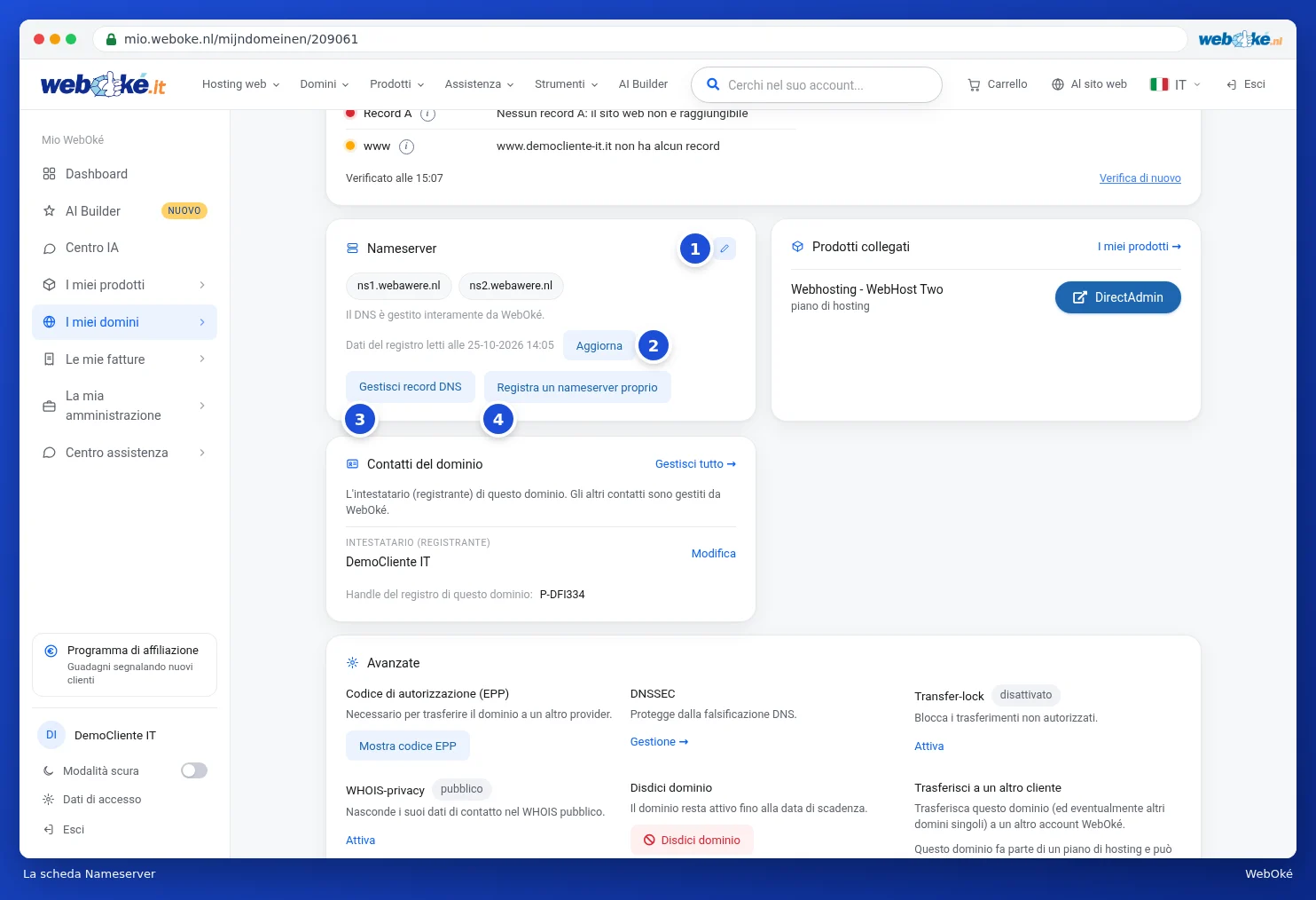 La scheda Nameserver con i nameserver attuali e i pulsanti