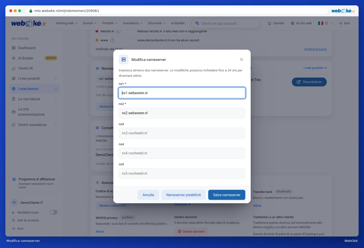 La finestra Modifica nameserver con cinque campi