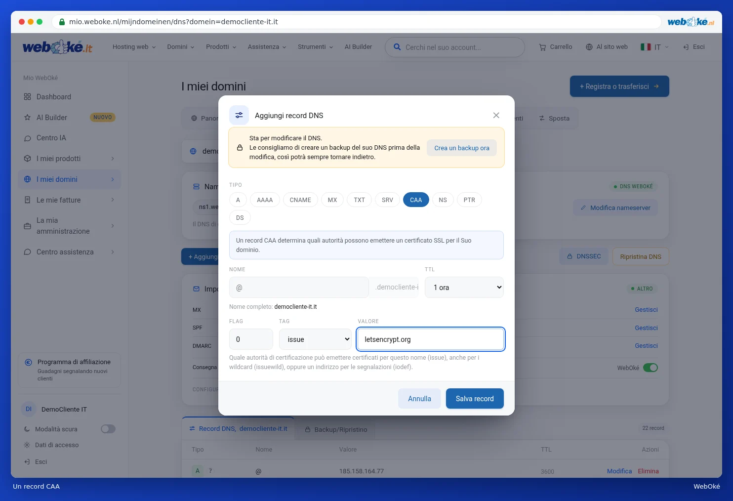 La finestra con un record CAA per letsencrypt.org