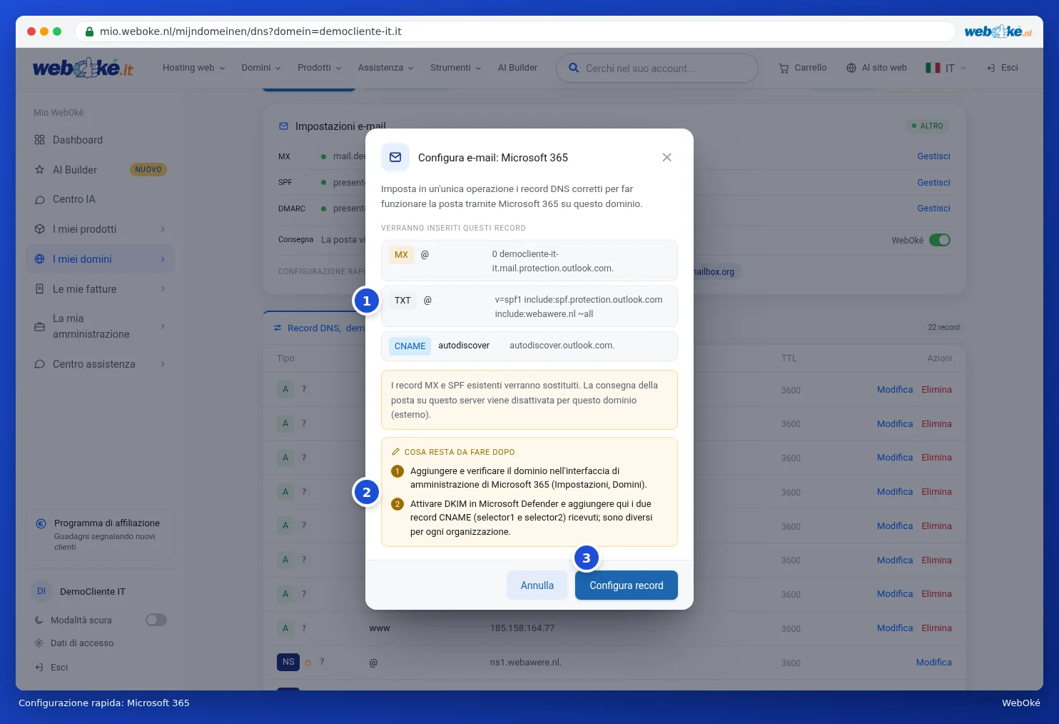 La finestra Configura l'e-mail per Microsoft 365 con i record e i passaggi da completare personalmente