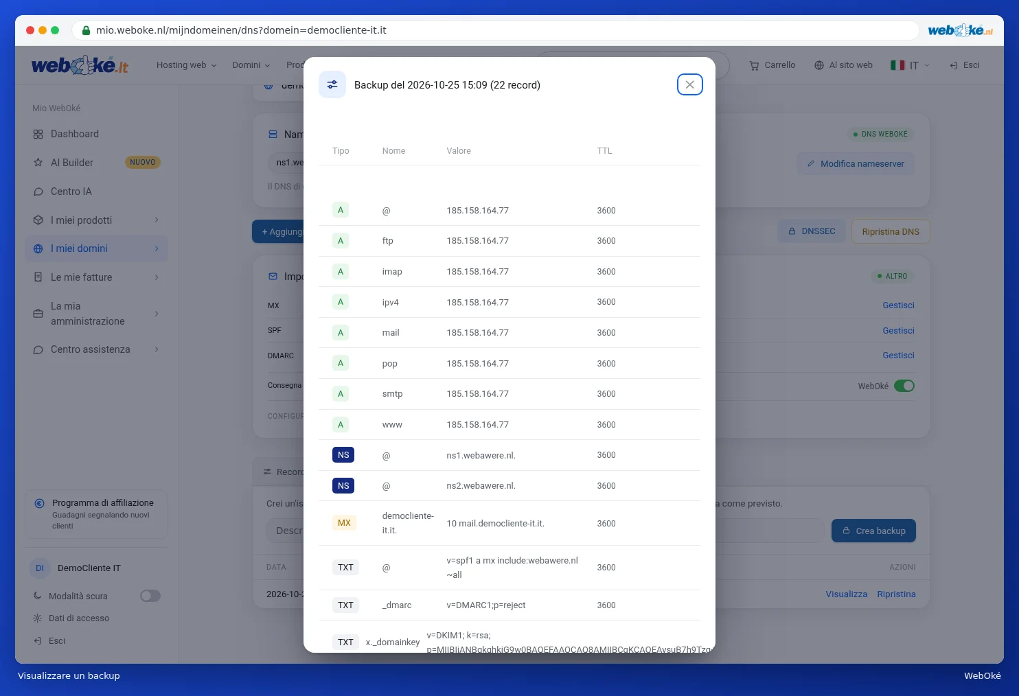 Una finestra con tutti i record di un backup