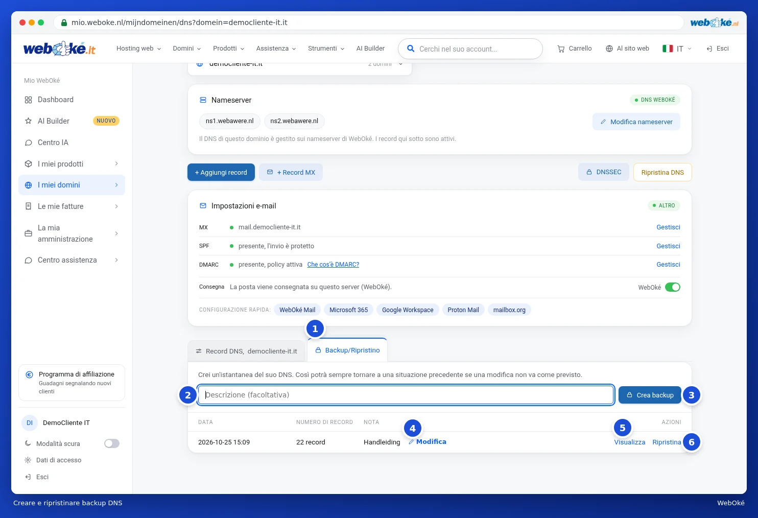 La scheda Backup/Ripristino con un backup creato