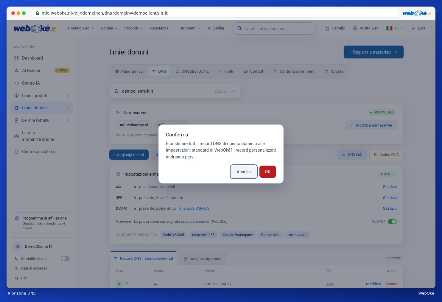 La domanda se si desidera riportare tutti i record DNS allo standard WebOké