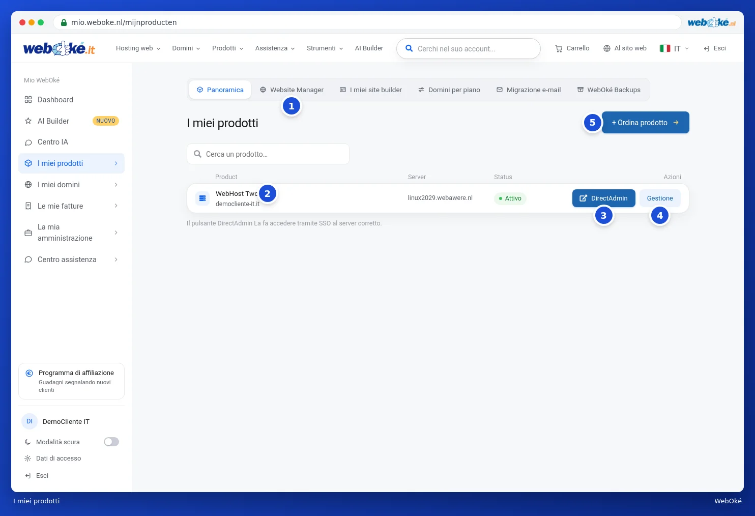 Il riepilogo I miei prodotti con un pacchetto hosting, la barra delle schede e i pulsanti DirectAdmin e Amministrazione