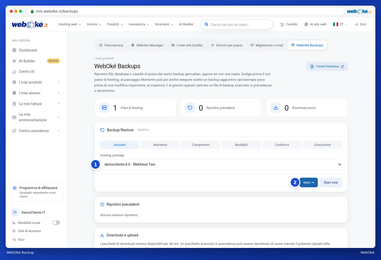 La pagina WebOké Backups con la procedura guidata e la scelta del pacchetto hosting