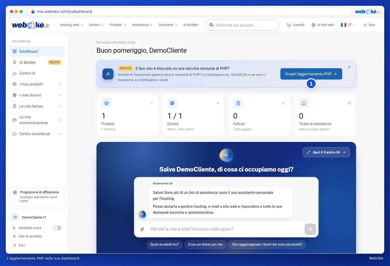 L'avviso sull'aggiornamento PHP in cima alla dashboard