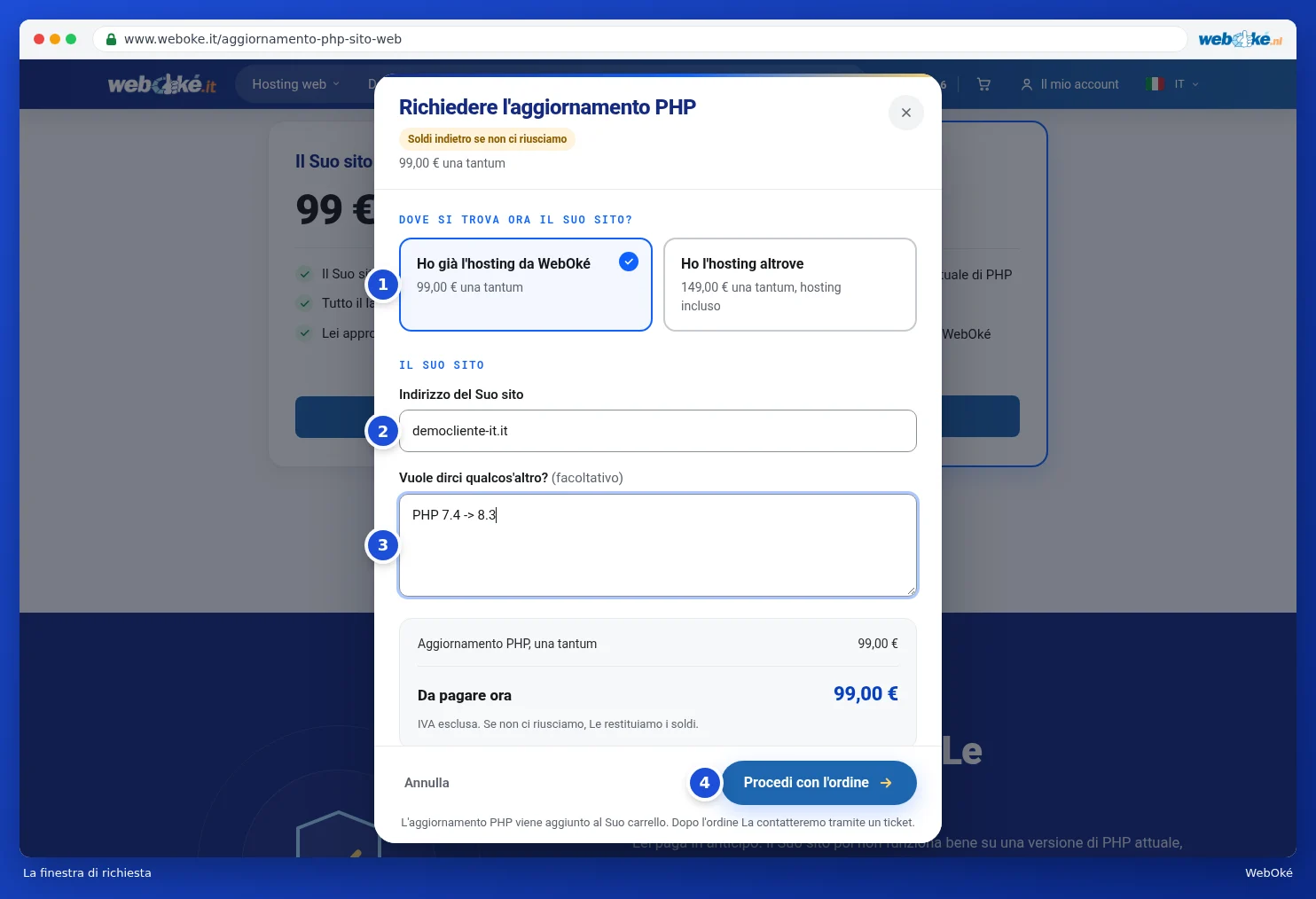 La finestra Richiedere l'aggiornamento PHP con la scelta, l'indirizzo del sito web e una spiegazione