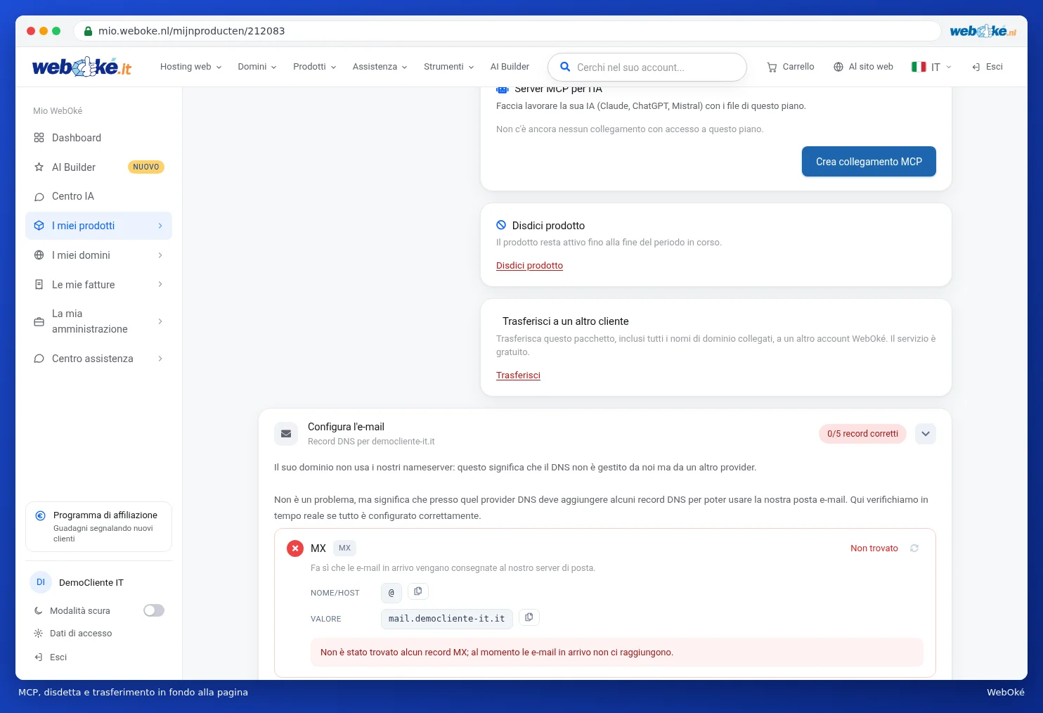 Le schede Server MCP per l'IA, Disdici prodotto e Trasferisci a un altro cliente