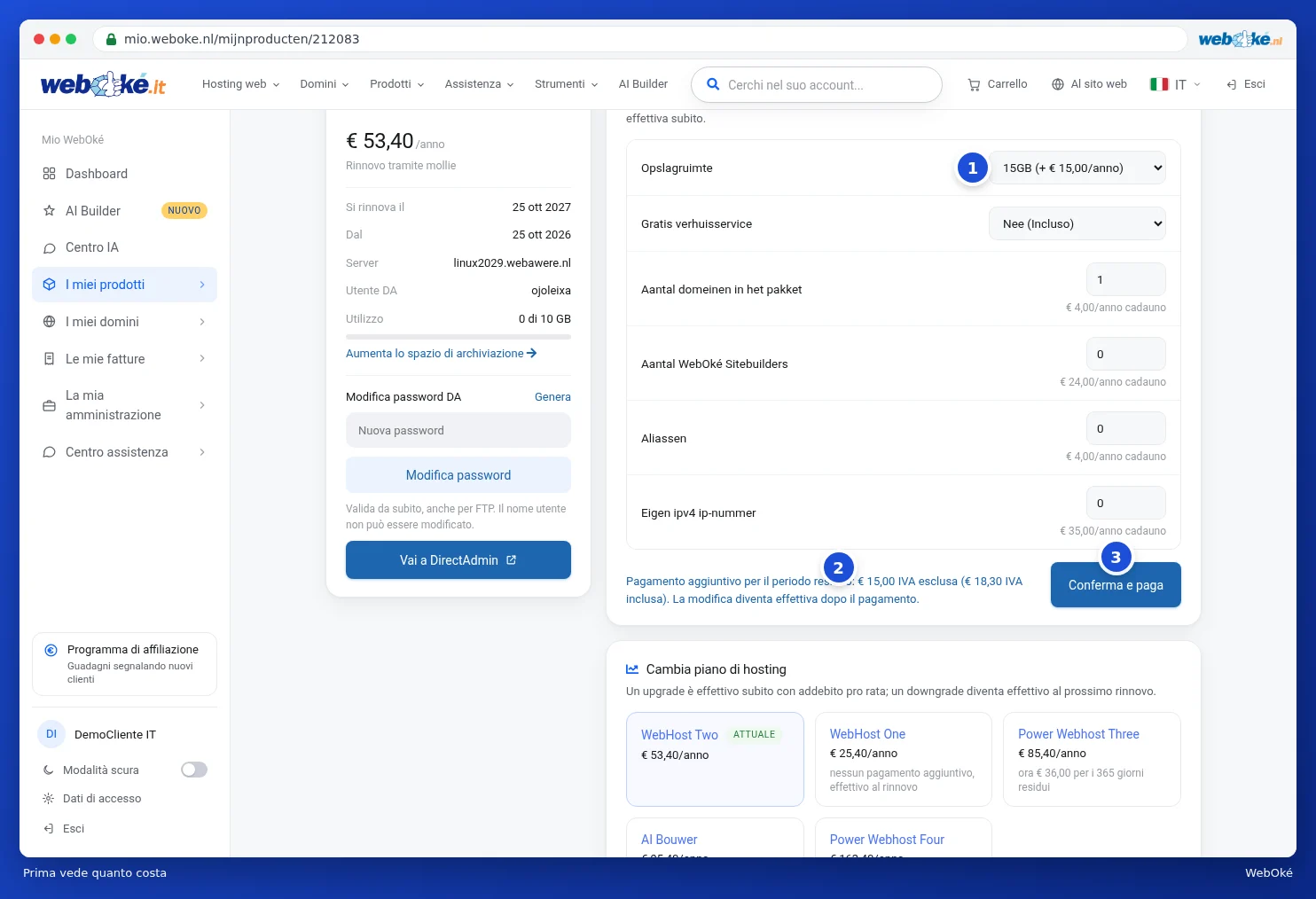 Un'opzione modificata con il supplemento da pagare e il pulsante Conferma e paga