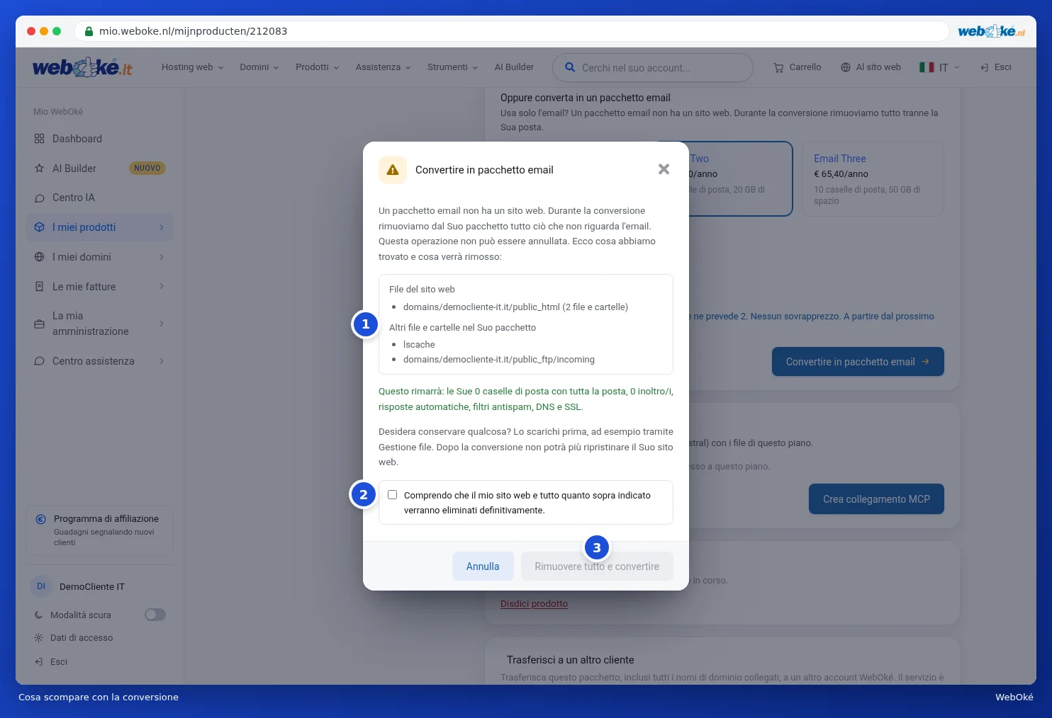La finestra Convertire in pacchetto email con ciò che viene rimosso e ciò che rimane