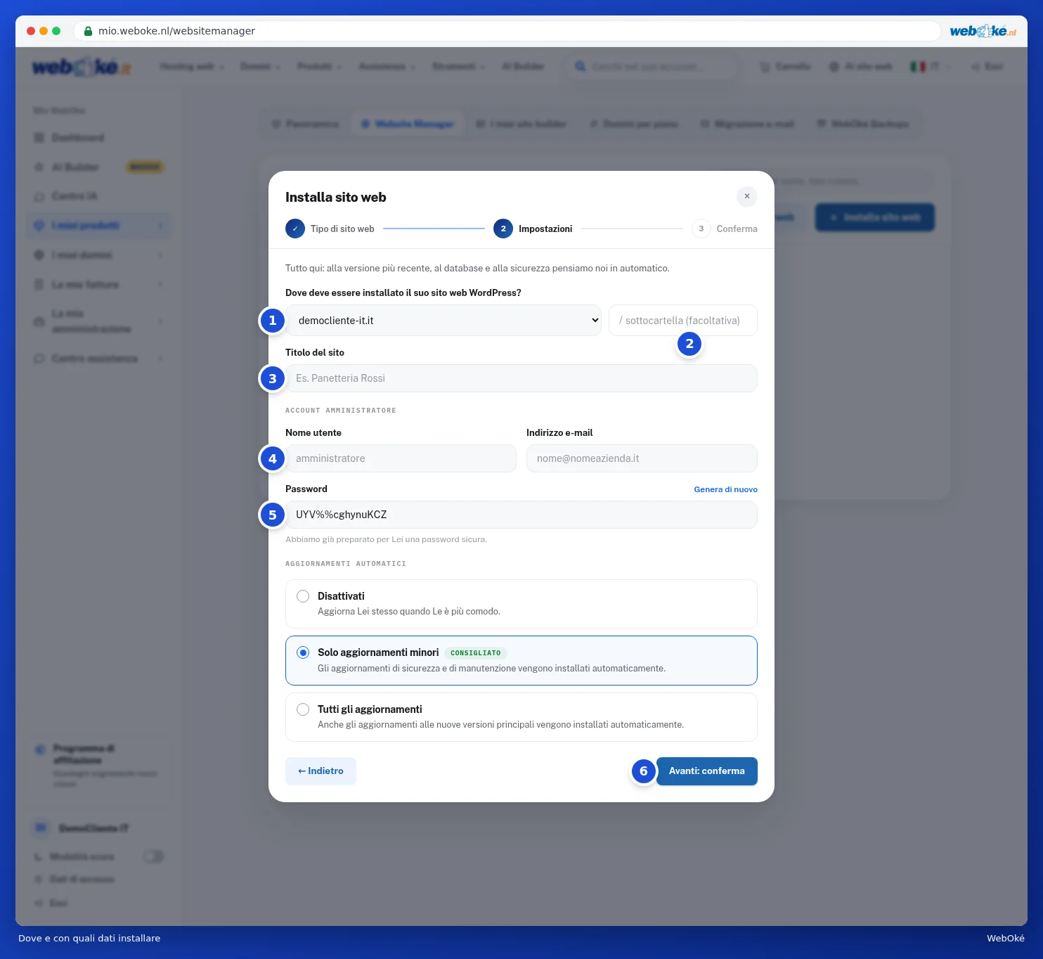 La schermata di installazione con dominio, sottocartella, titolo del sito, account amministratore e aggiornamenti automatici