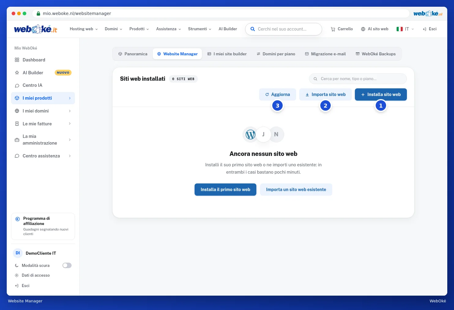 Il Gestore siti web senza siti web con i pulsanti Installa sito web e Importa sito web