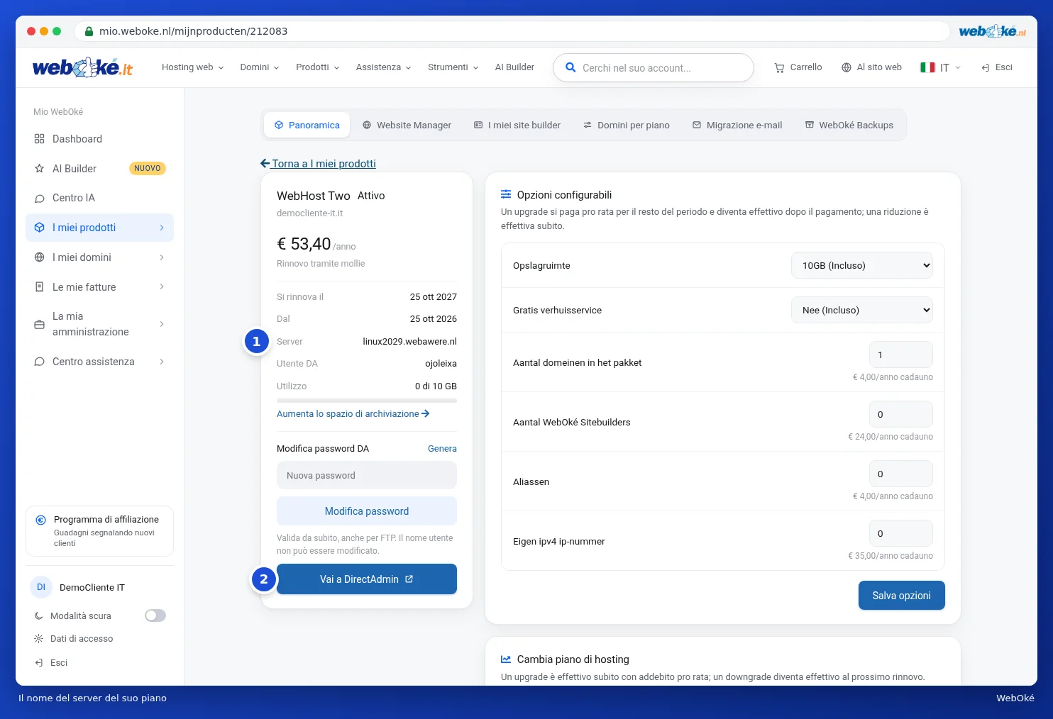 La pagina del prodotto con il nome del server accanto a Server e il pulsante Vai a DirectAdmin