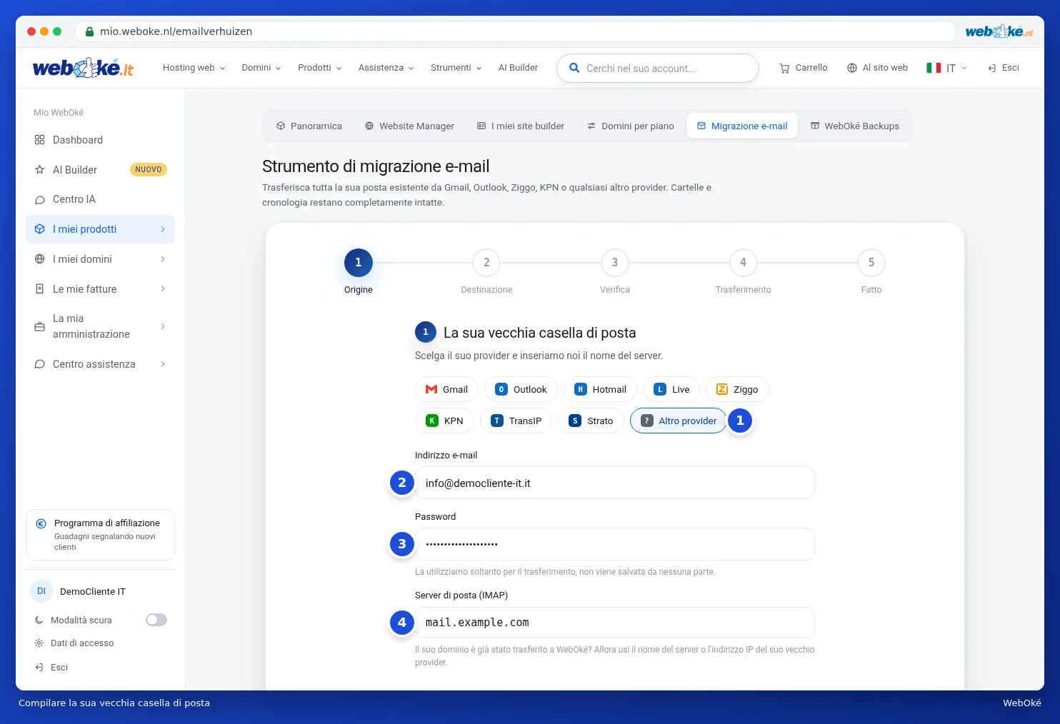 Il primo passaggio compilato con un esempio: Altro provider, indirizzo e-mail, password e server di posta