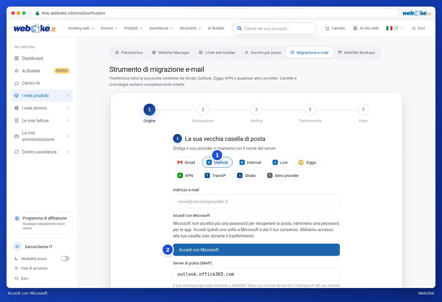 Il primo passaggio con Outlook selezionato e il pulsante Accedi con Microsoft