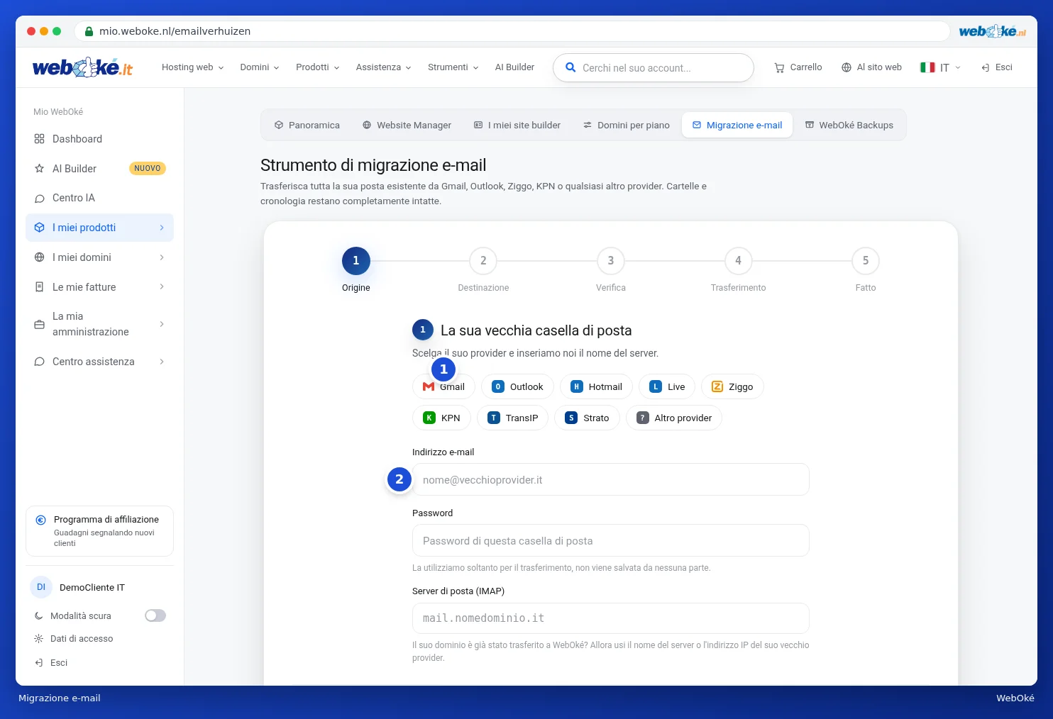 Lo Strumento di migrazione e-mail con le fasi e la scelta del vecchio provider
