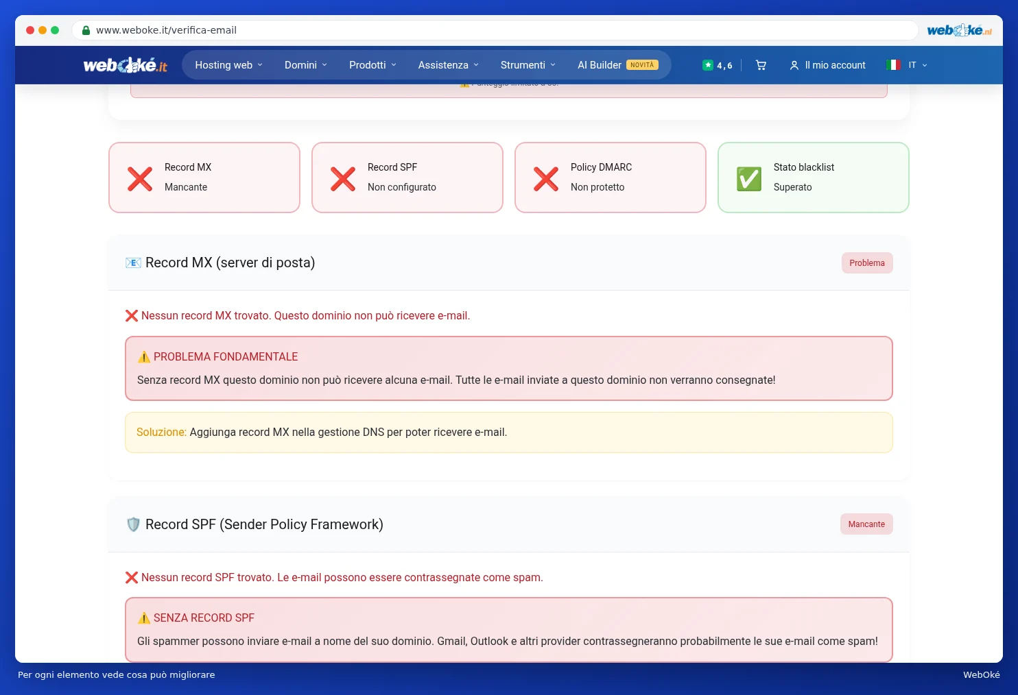 Le voci Record MX, Record SPF, Policy DMARC e Stato Blacklist