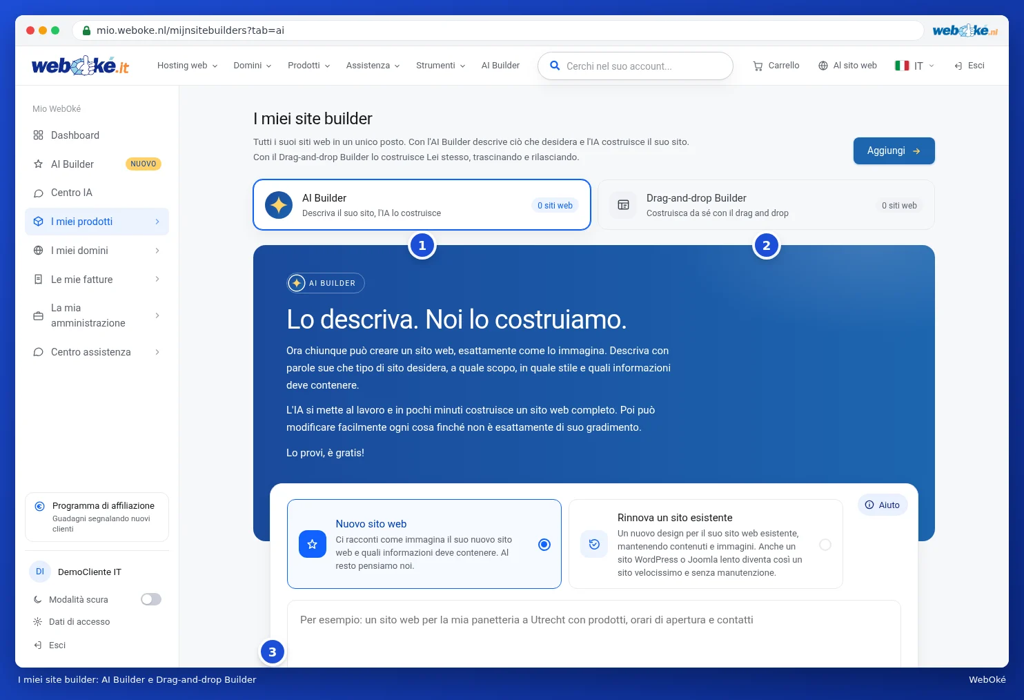 I miei site builder con le schede AI Builder e Drag-and-drop Builder