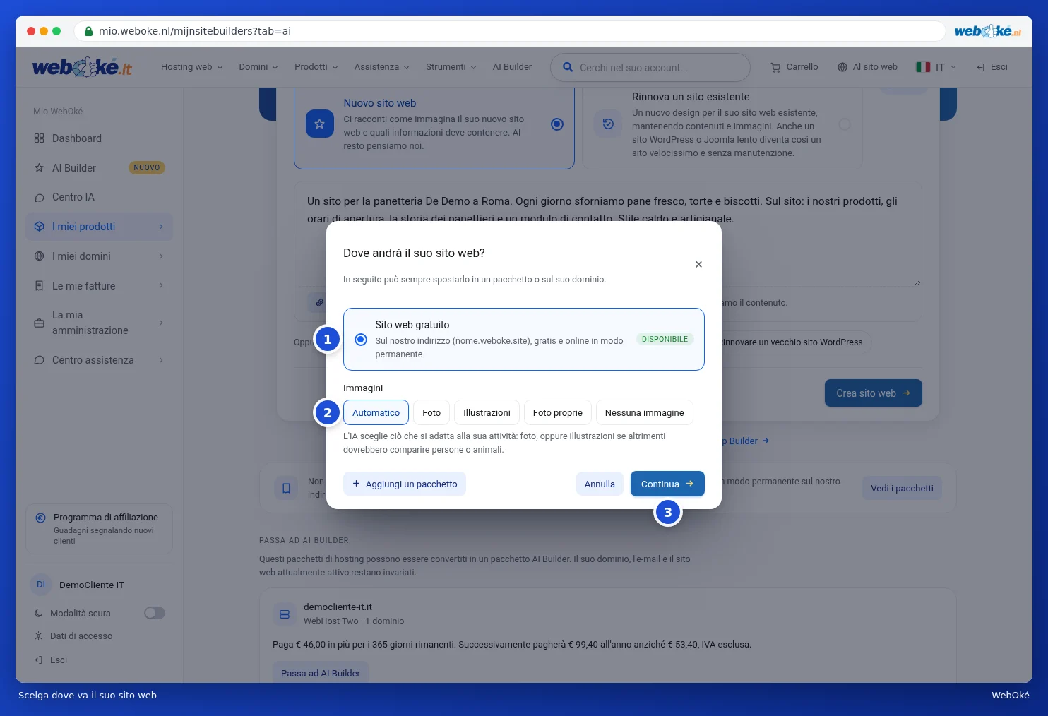La finestra Dove andrà il suo sito web con la scelta Sito web gratuito