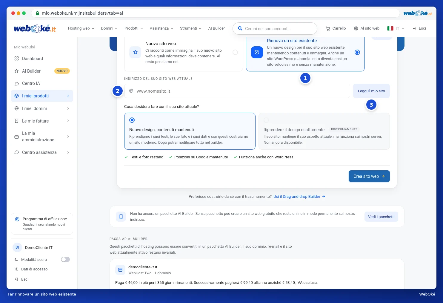 La scelta Rinnovare un sito esistente con il campo per l'indirizzo del sito web attuale