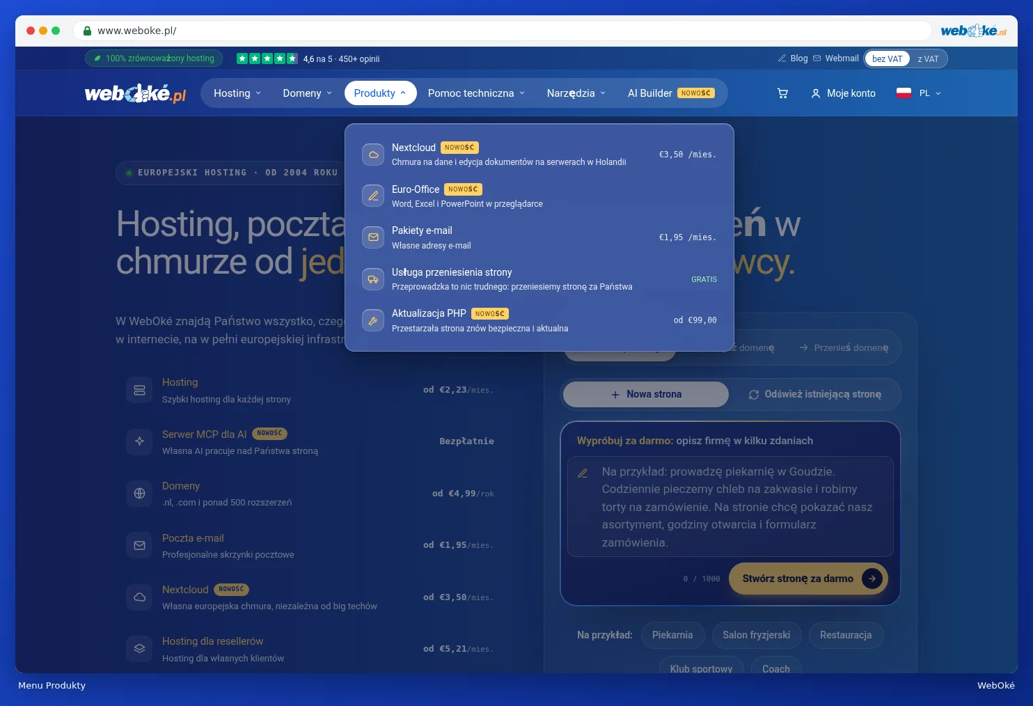 Otwarte menu Produkty